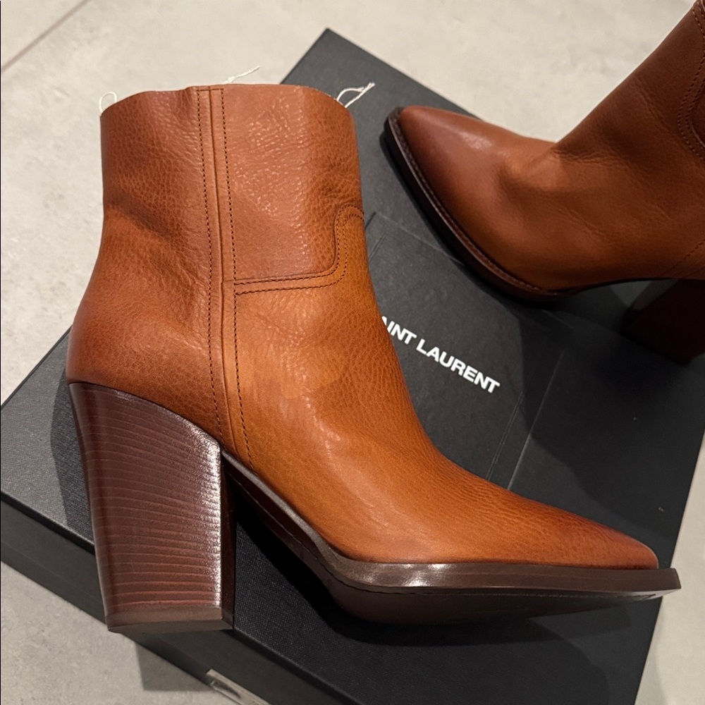 Saint Laurent THEO 95 COGNAC Zip LEATHER Bootie 38 YSL - Picture 4 of 10